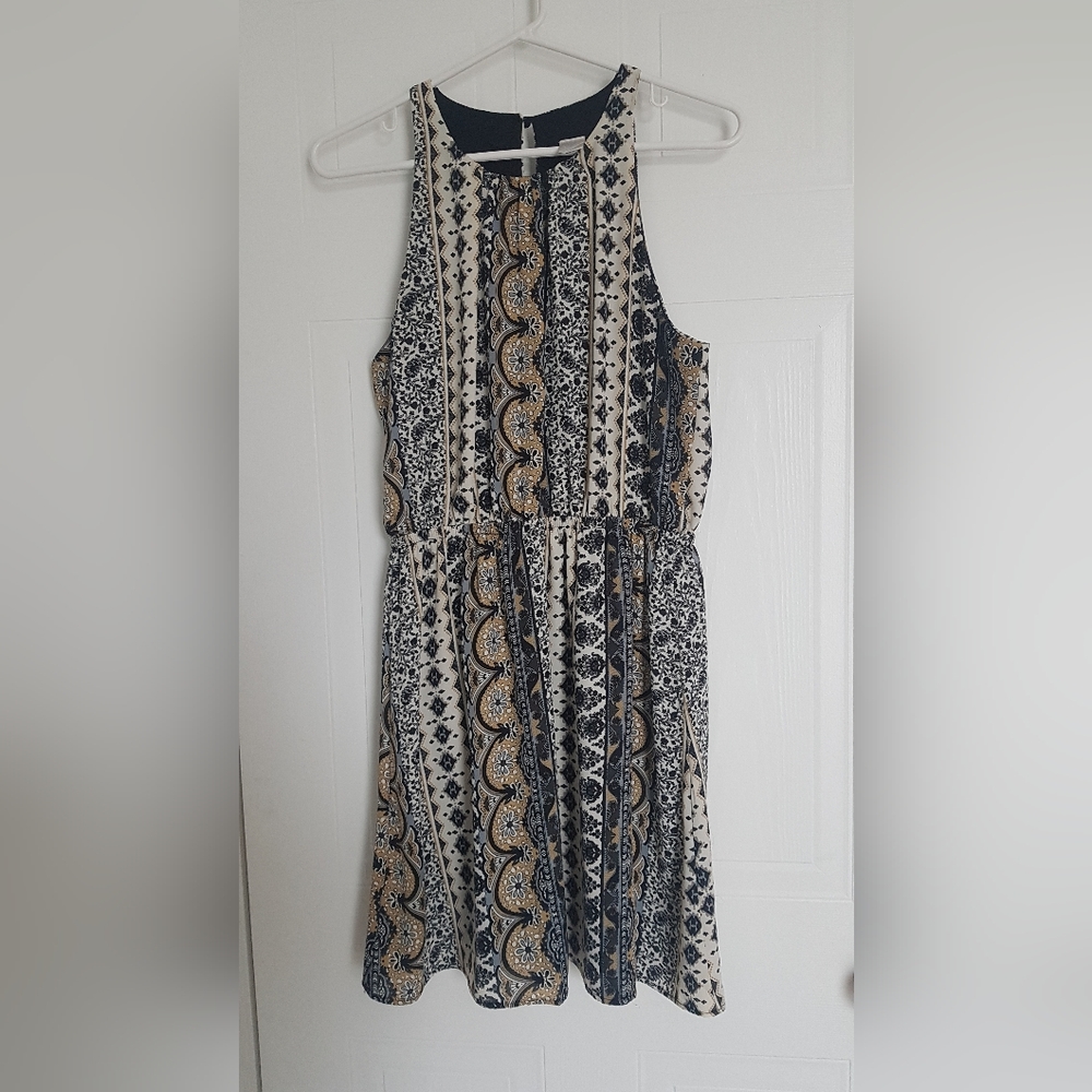 Abstract floral navy and yellow summer dress